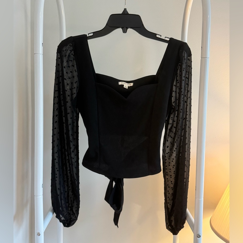 Moa Moa Black Top with Sheer Polka Dot Sleeves